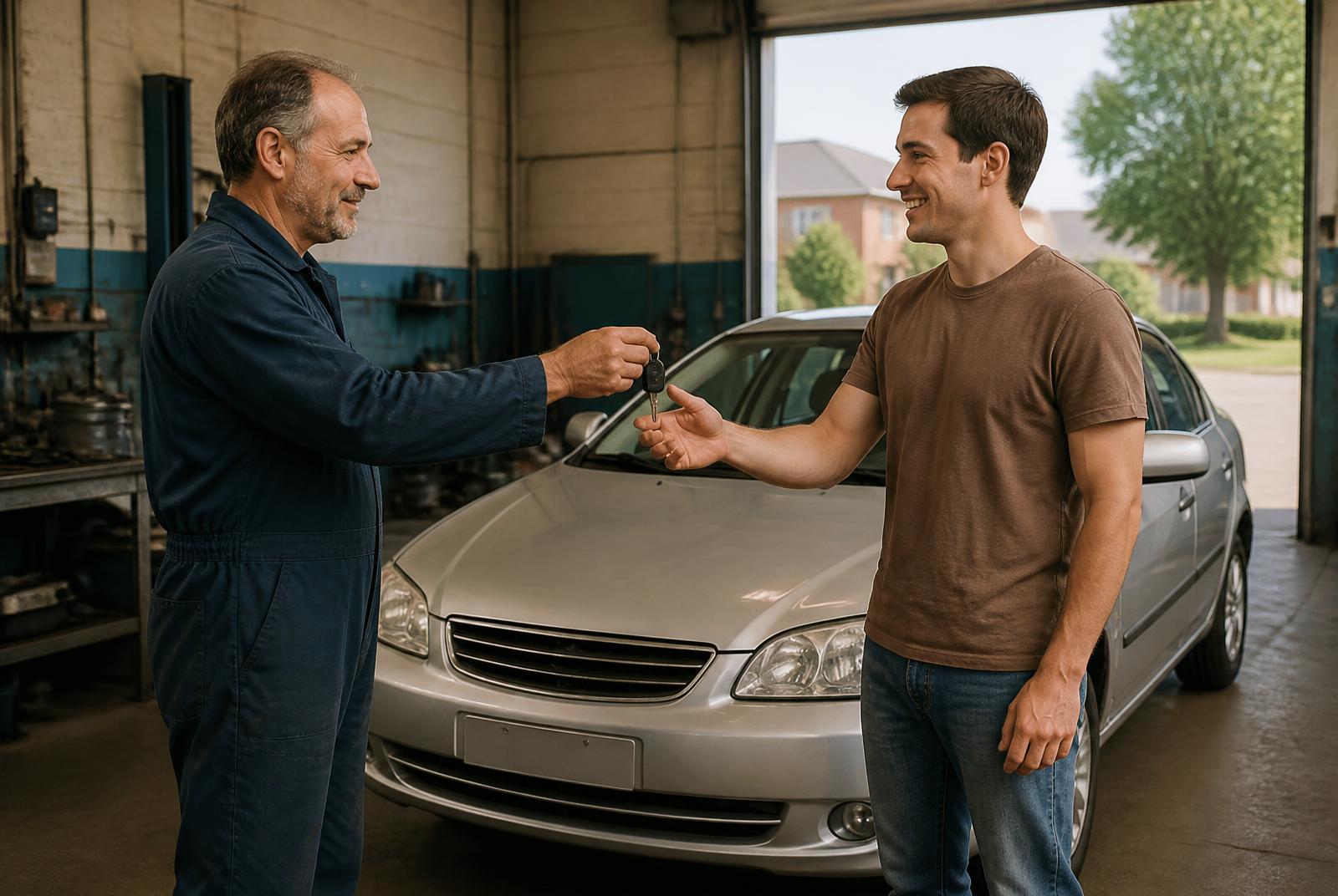 A mechanic handing car keys to a young adult at the Jubilee Cars garage