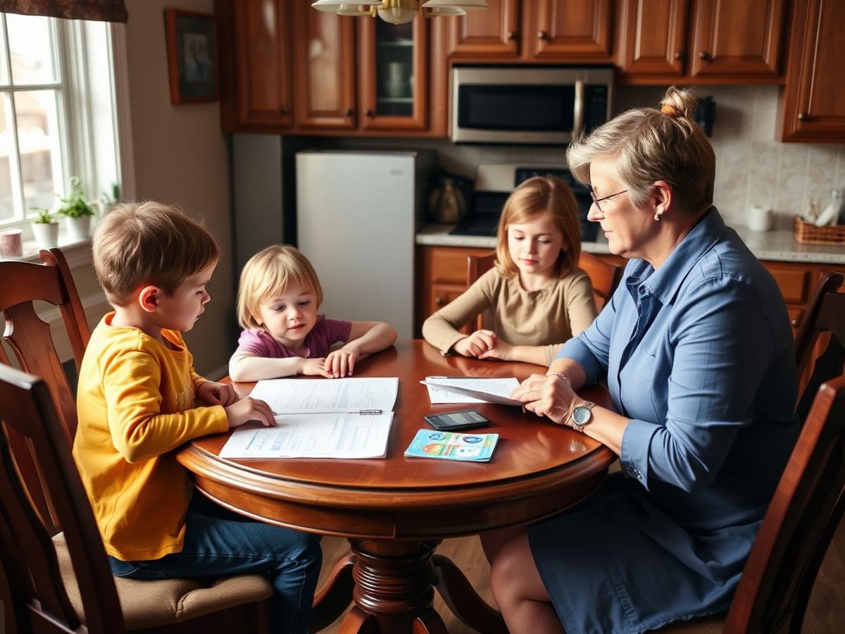 A case manager listening to a family at a kitchen table